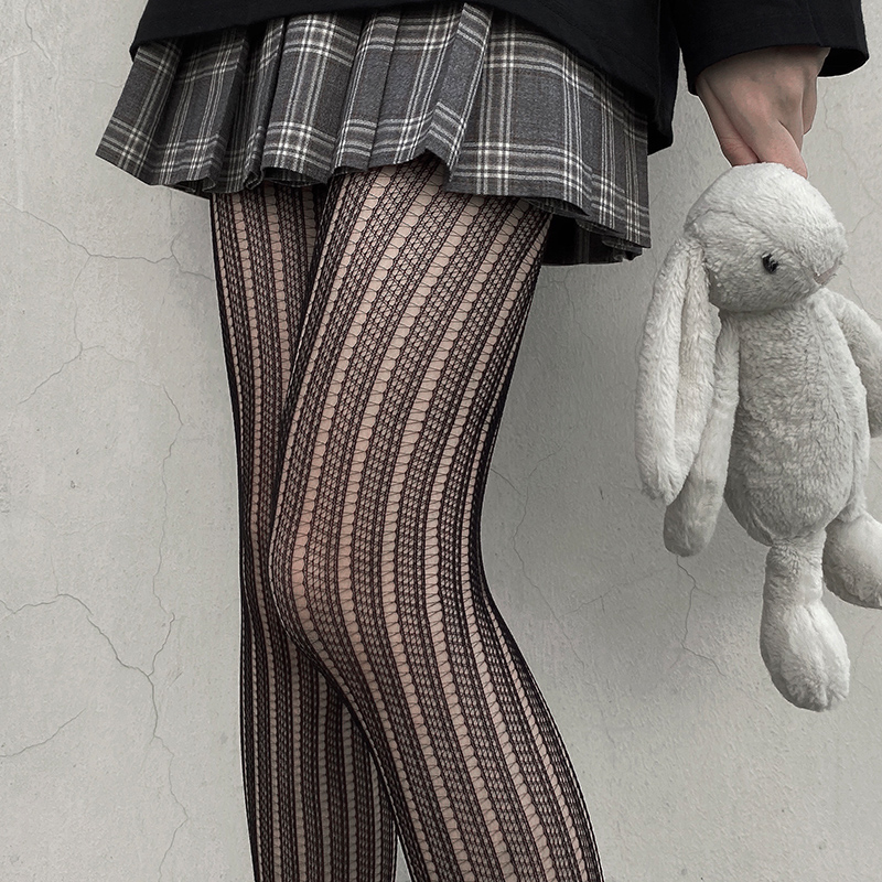 夜间教习室渔网袜女黑色竖条织网jk丝袜ins网格袜子黑丝情趣连裤