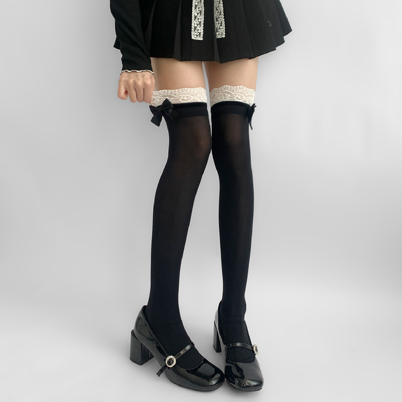 夜间教习室过膝丝袜女夏季薄款性感黑色长筒袜蕾丝花边拼接蝴蝶结,女士内衣/男士内衣/家居服,长筒袜,淘宝优惠券,粉丝福利购,淘宝优惠卷