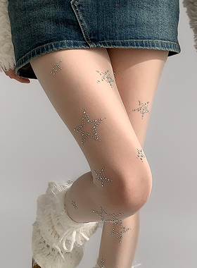 夜间教习室带钻丝袜春款星星白色连裤袜子女薄款纯欲白丝辣妹黑丝