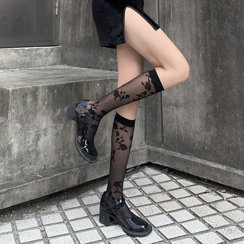 夜间教习室黑色玫瑰花丝袜女春秋jk小腿袜黑丝蕾丝性感袜子中筒袜 - 封面
