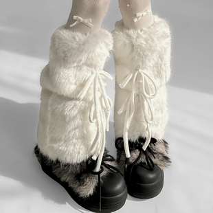 夜间教习室白色毛绒腿套y2k绑带蝴蝶结lolita中筒小腿袜套春夏款