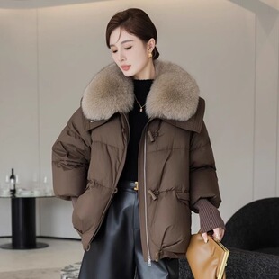 大毛翻领保暖棉衣女装2025新短款冬季加厚面包服袄韩版外套