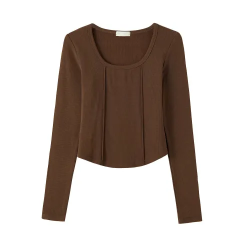 #薄绒上衣短款t恤甄品磨毛新款做大U领长袖#质露脐秋季高腰辣妹女