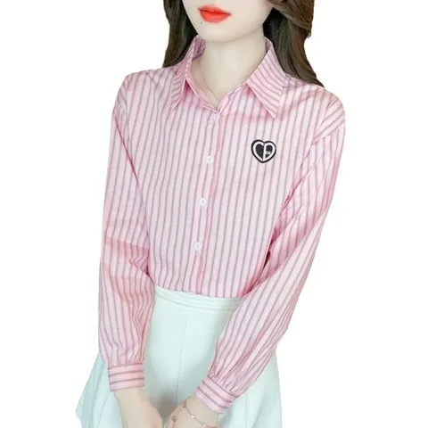 洋气刺绣女女士衬衣2024年衬衫减龄棉布全棉长袖条纹新款秋装时尚