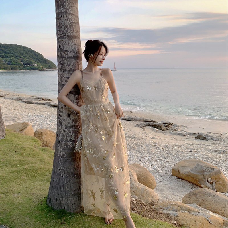 2026新款夏吊带露背性感连衣裙修身显瘦亮片裙子仙女长裙网红裙子