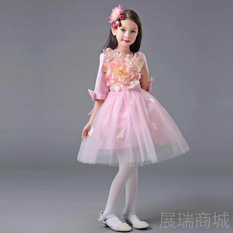 高档六诵一童舞蹈演儿出服女幼儿园粉色花朵蓬蓬裙小学生朗合唱礼