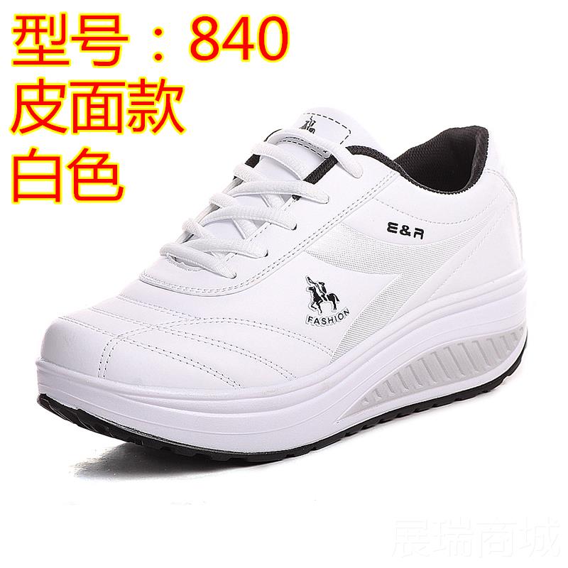 高档女2023春秋新款皮面防水摇摇妈鞋鞋运动闲鞋厚底坡跟妈鞋松糕