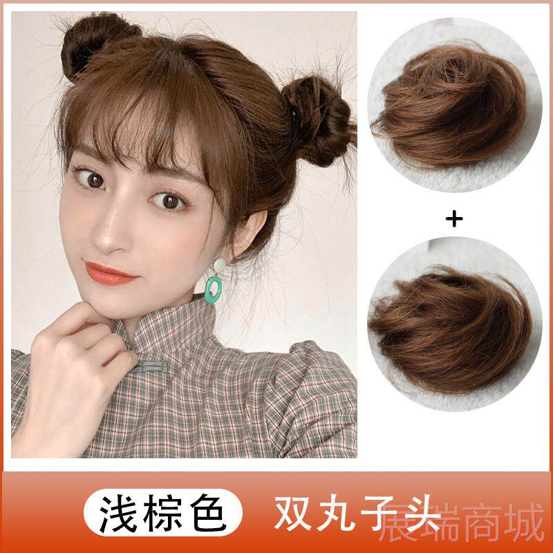 高档双丸子头假发圈盘发女发蓬松真假发丸子头发饰哪咤头发圈花器