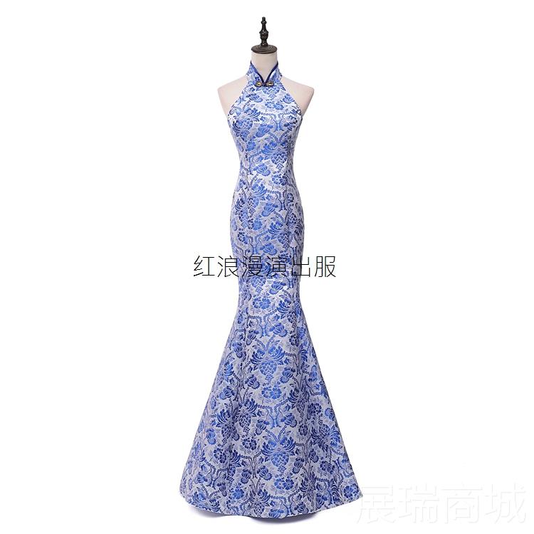 高档中国台风风青花瓷系列礼服商演车展走秀旗舞袍会晚年会T台演