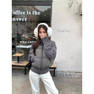 粉色针织拼接羽绒棉服女2025冬季新款轻薄高级感小香风棉衣外套潮