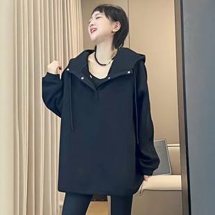 黑色连帽加绒卫衣女款加厚2025新款秋冬季宽松慵懒风中长女士上衣