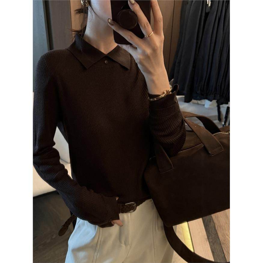 秋冬高级感白色polo翻领羊毛针织衫女气质修身毛衣内搭打底衫上衣