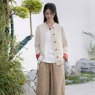 国风拼色盘扣开衫 女上衣衬衫 新款 复古新中式 薄外套 棉麻女装 25秋季