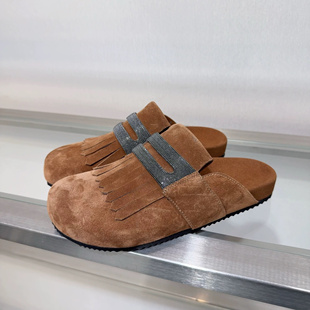 BC2025新款流苏串珠牛反绒皮平底一字外穿拖鞋女休闲方头凉鞋