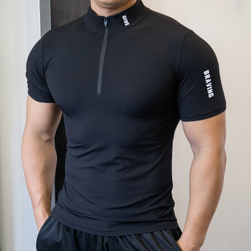 健身紧身POLO衫男夏立领运动上衣高弹力透气速干短袖教练工服