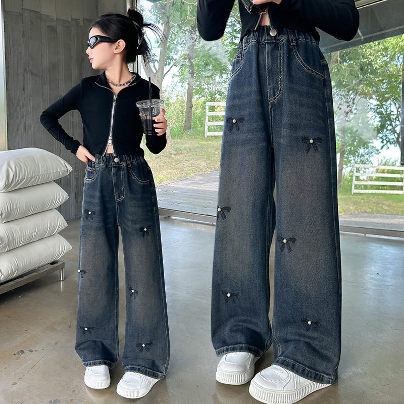 女童裤子2025春秋季新款中大童宽松直筒裤洋气儿童牛仔裤阔腿裤潮