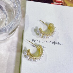 韩版镀真金s925银针c形锆石珍珠耳环气质简约珍珠耳饰微镶耳钉女