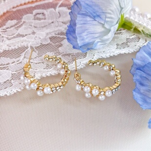 ins冷淡风复古耳圈超仙气质优雅C型天然珍珠锆石耳钉 女耳环耳饰