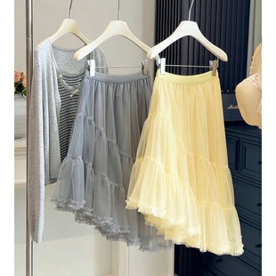 纯色不规则网纱半身裙女夏季 高腰木耳边下摆A字蓬蓬蛋糕中裙 新款