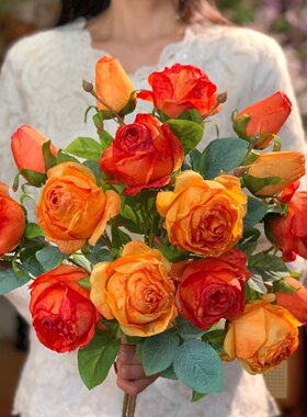 田园玫瑰花仿真花花束束橙红色家居装饰插花摆件假花气质花艺装饰