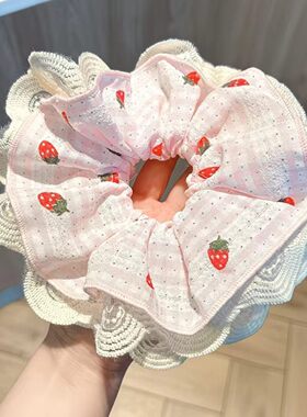 早春甜美蓝色格子草莓樱桃蛮腰大肠发圈女大花边款高弹力发绳发圈