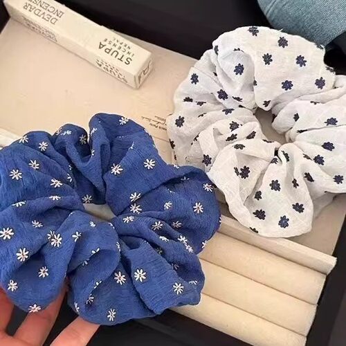 韩系蓝白碎花大肠发圈女简约丸子头绳扎高马尾头花超大发绳橡皮筋