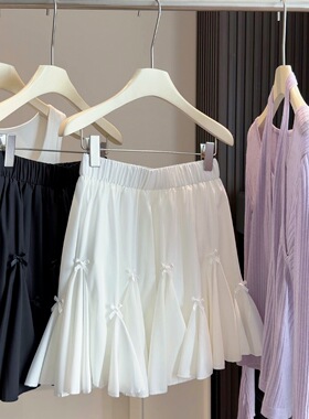夏季芭蕾风蝴蝶结白色花苞半身裙女小个子高腰显瘦A字蓬蓬短裙子