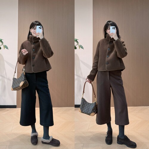 自留 c0s泰迪绒夹克+三季可穿时髦复古加绒加厚宽松八分阔腿裤