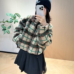 wei店～时髦短款 摇粒绒格子外套
