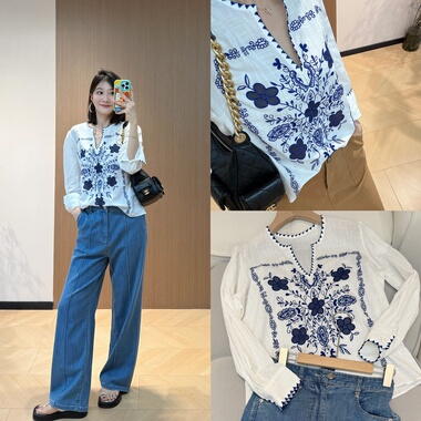 特 亏清不退换！法国Antik batik特种绣花立体贝壳手绣镶边衬衫