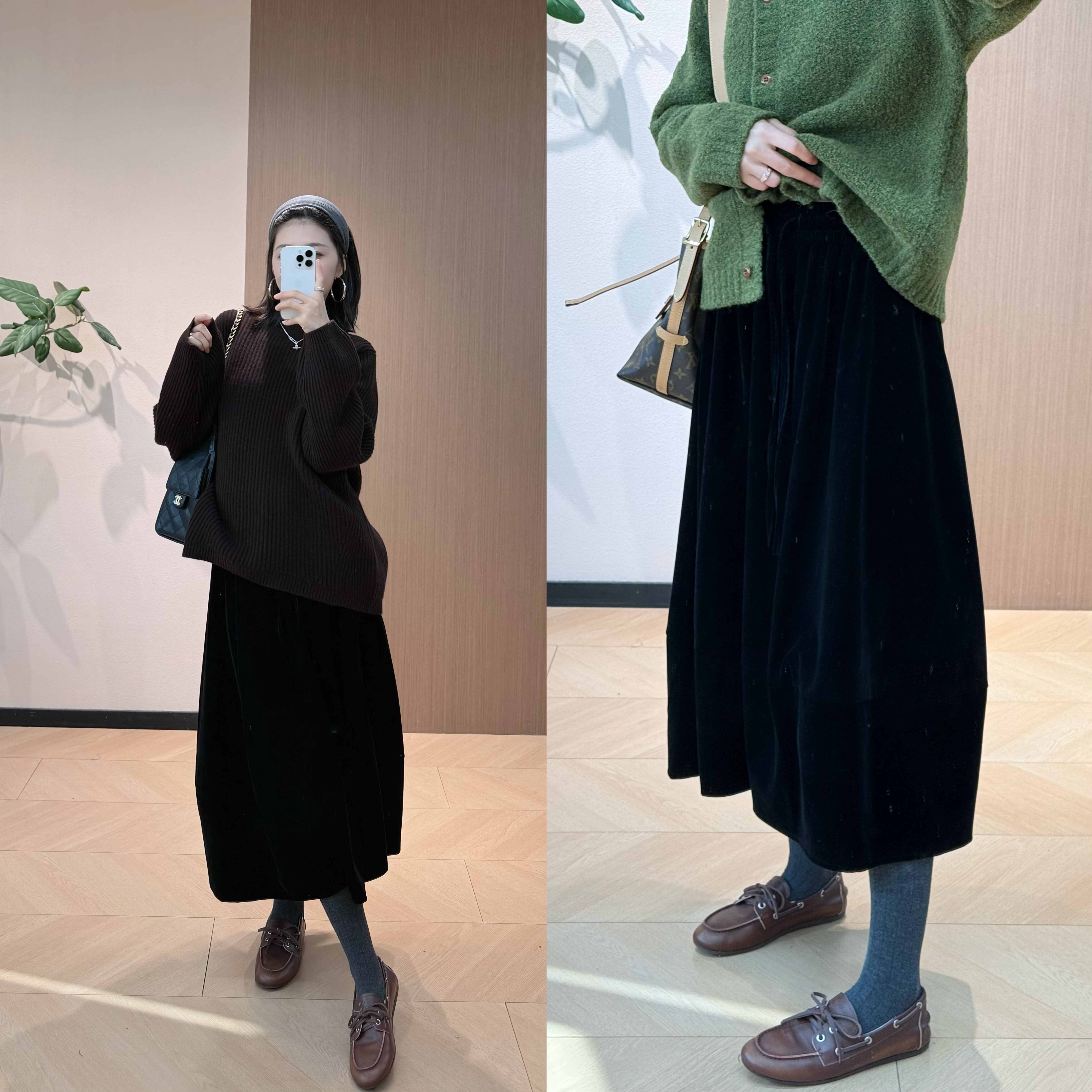 怒推 倪妮同款 超好搭 光泽感丝绒松紧腰抽绳伞裙小黑裙
