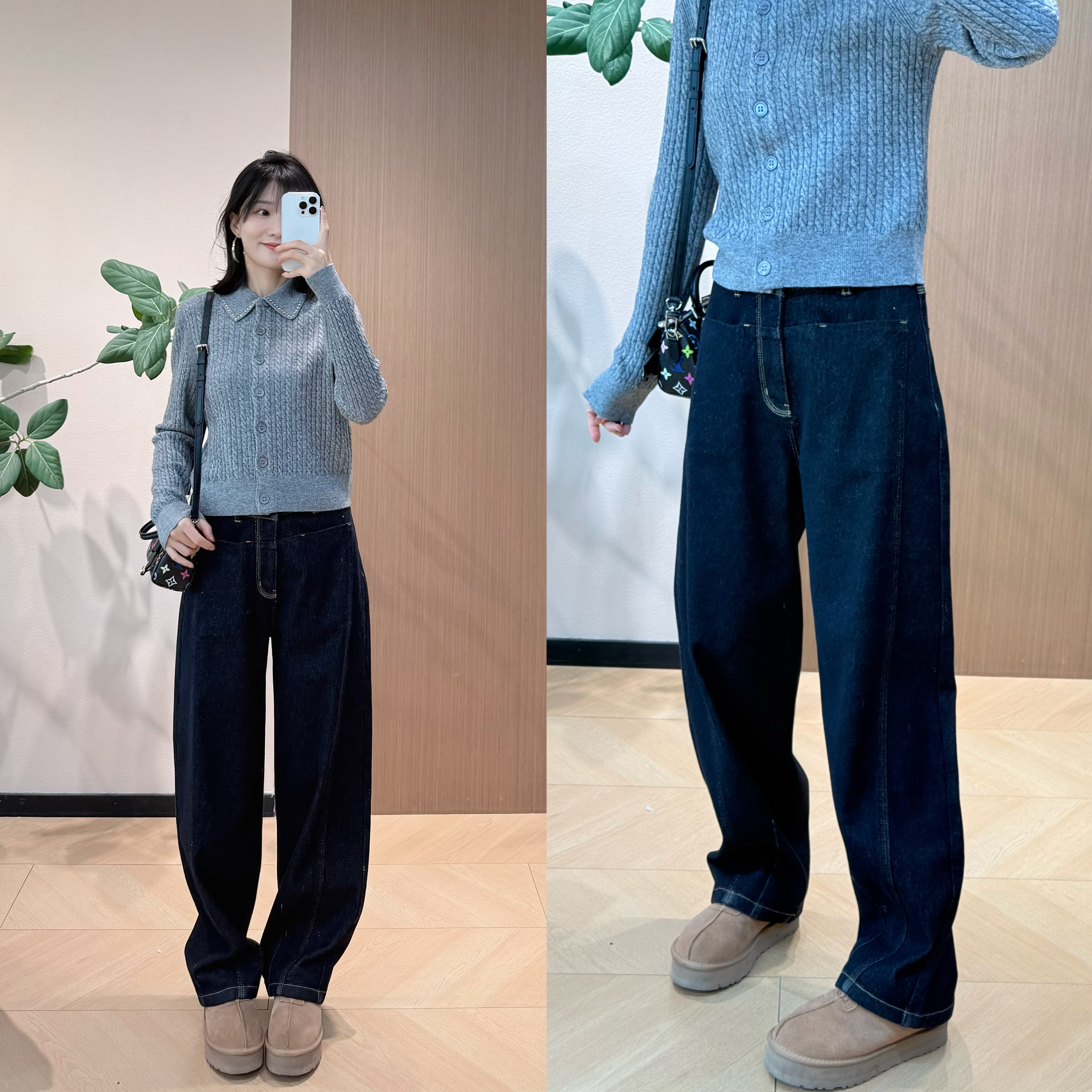 烫钻POLO领麻花绞花针织开衫+ YY加绒弯刀裤