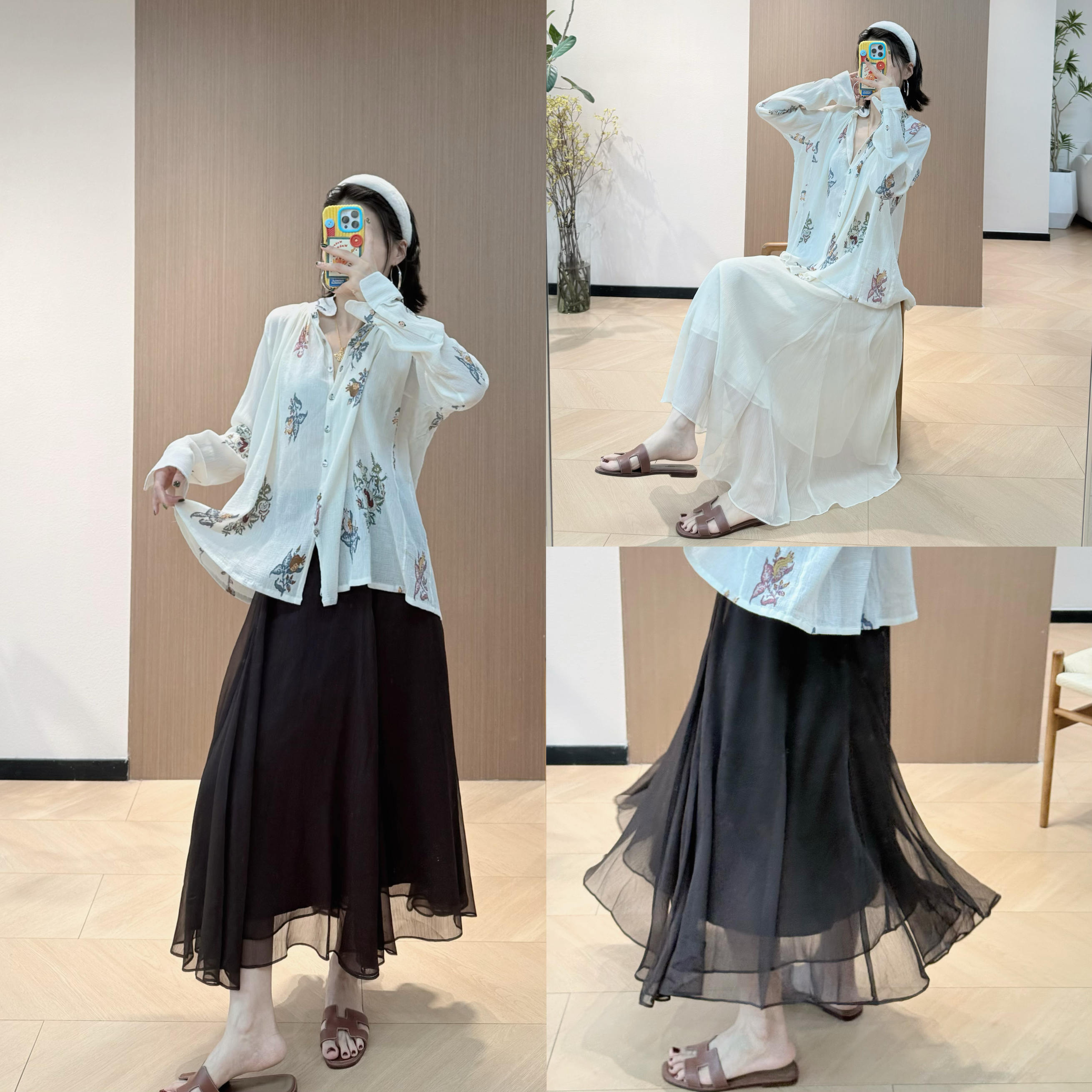 超重工12mm丝绵顺纡花卉图案宽松衬衫+zhi不规则肌理轻盈感半裙
