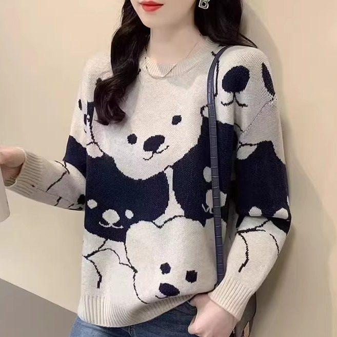 韩版卡通圆领慵懒风毛衣女士秋冬季加厚宽松打底针织衫内搭毛线衣