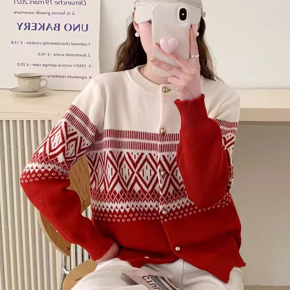 韩版加厚复古圆领菱格毛衣女秋冬季宽松慵懒风针织开衫外套毛线衣