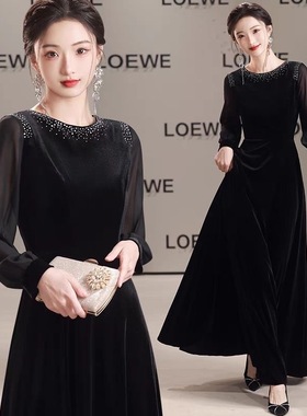 黑色丝绒合唱演出服长袖指挥艺考钢琴演奏主持人礼服长裙可定制