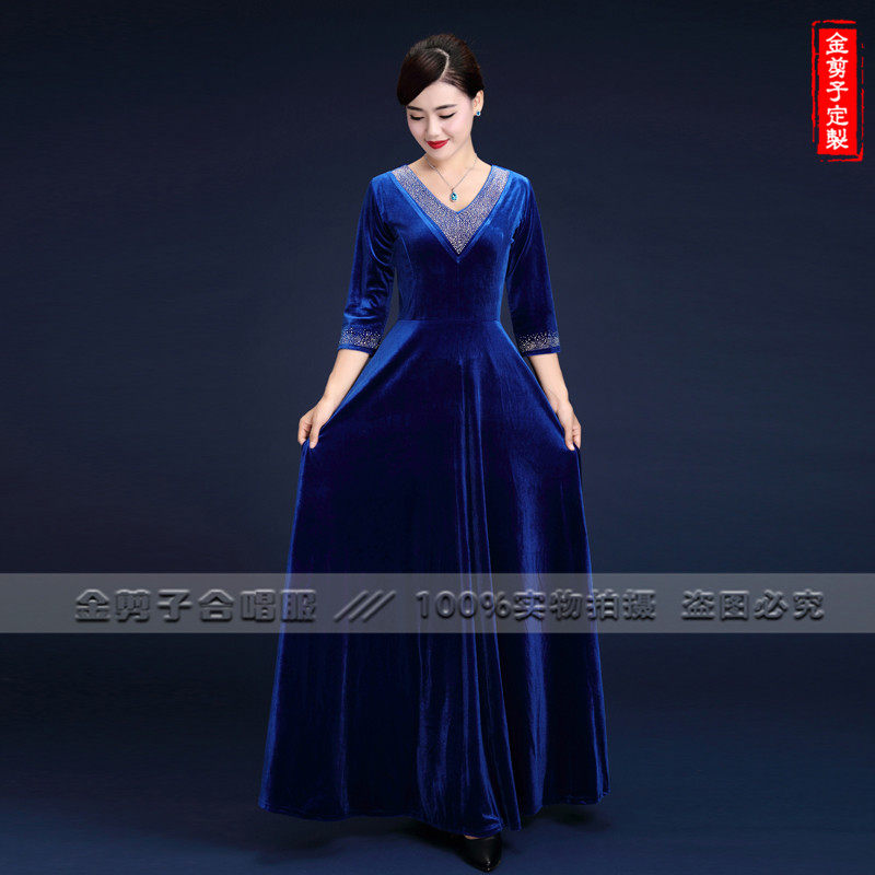 女士弹力丝绒合唱礼服大合唱比赛演出服女士指挥服可定制金剪子