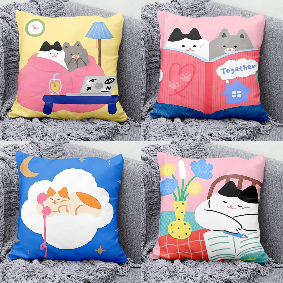 可爱小猫卡通风头像抱枕高级靠枕柔软舒适方枕民宿客厅沙发护腰垫