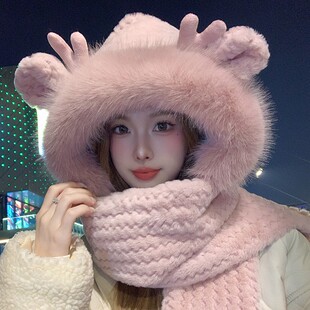 粉色帽子女2025新款冬季帽子围巾一体围脖帽子围巾手套三件套秋冬