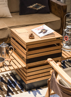 日本原装INOUT户外露营家具桌子实木头收纳盒黑色置物架茶几日式