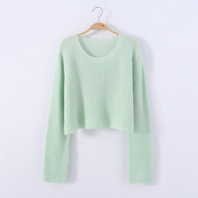 高腰超短款马海毛轻薄微透毛衣女春装新款韩国慵懒显瘦套头针织衫