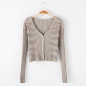 v领针织外套女新款 坑条高腰修身 开衫 黑色超短款 毛衣外搭长袖 披肩