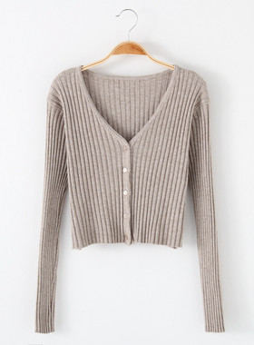 黑色超短款v领针织外套女新款坑条高腰修身开衫毛衣外搭长袖披肩