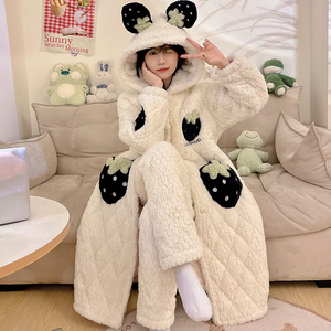睡衣女冬季加绒加厚三层夹棉珊瑚绒连帽2023睡袍中长款家居服套装