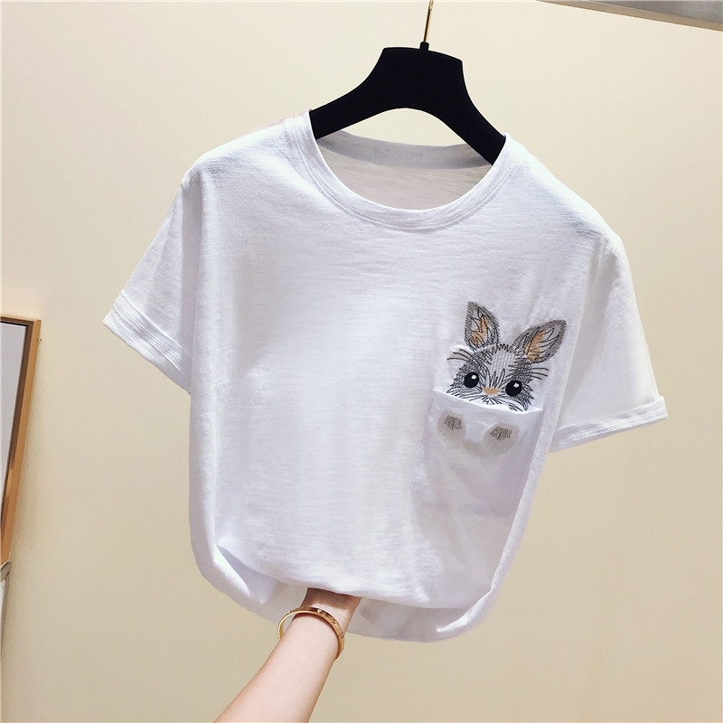 竹节棉宽松上衣短袖T恤女纯棉白色刺绣百搭网红超火ins潮2020夏季