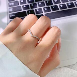 V形排钻戒指尾戒叠带纯银碎钻超小号3尺寸4小指小拇指关节戒子v型