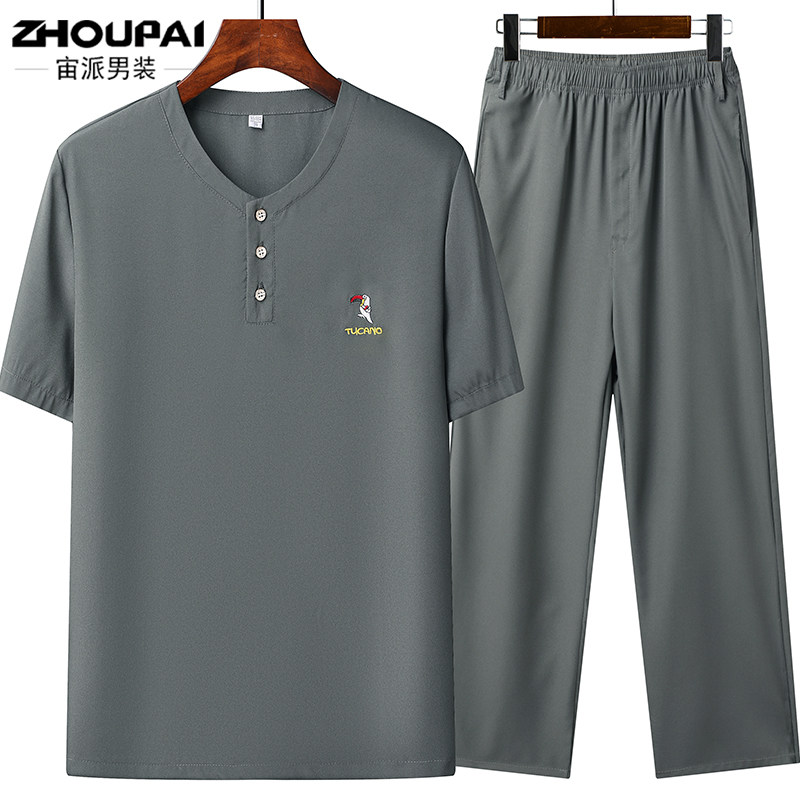 아빠 여름 반팔 정장 중년 및 노인 여름 순면 티셔츠 티셔츠 바지 할아버지와 노인을위한 느슨한 캐주얼 투피스 세트