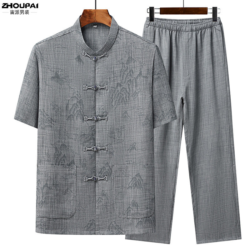 唐装男中老年爸爸夏装薄款短袖亚麻套装新中式爷爷休闲两件套衣服