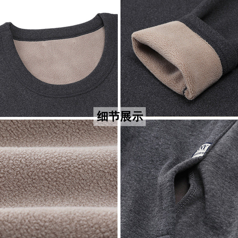 MIDDLE-AGED AND ELDERLY THERMAL UNDERWEAR FLEECE AND THICKENING DAD WINTER CLOTHES AUTUMN CLOTHES AUTUMN PANTS GRANDPA OLD MAN ROUND NECK WARM CLOTHES SET
