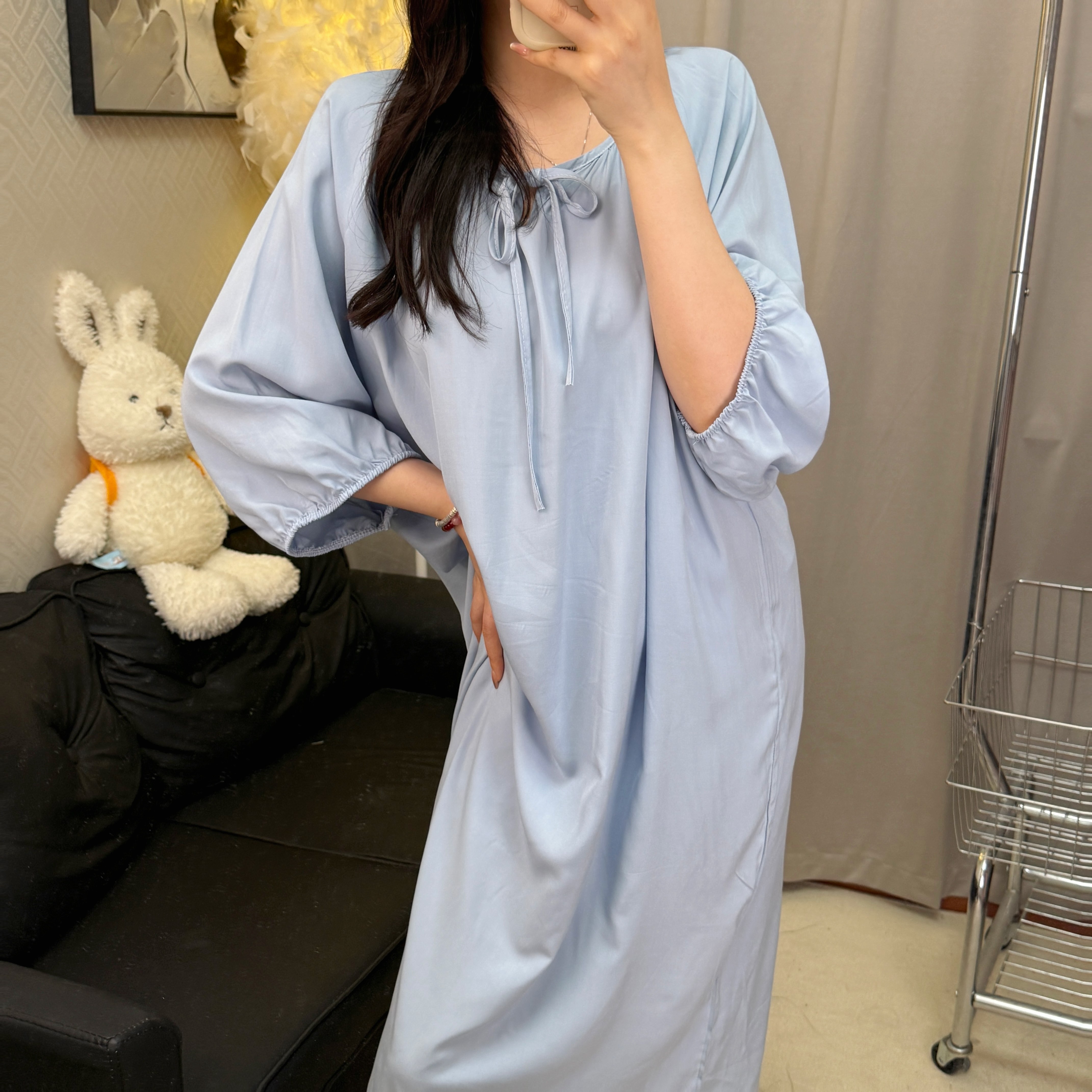 2025夏季新款半袖圆领棉绸睡裙大码宽松家居服女式休闲长款连衣裙